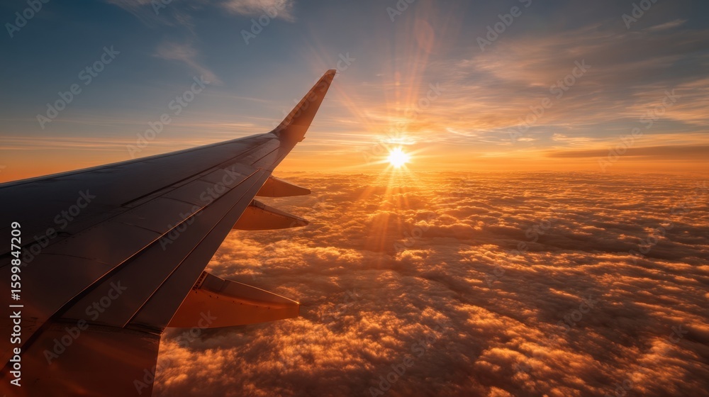 Obraz premium Sunset flight above the clouds aerial view travel photography serene sky environment