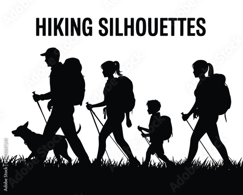 Family birthday card illustration, modern serif Happy Birthday typography over hiking silhouettes green field dog and mountain landscape, warm outdoor celebration design.