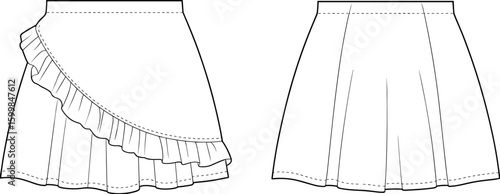 Fényképezés Mini ruffle wrap skirt front and back view, pleated hem skirt flat technical ske
