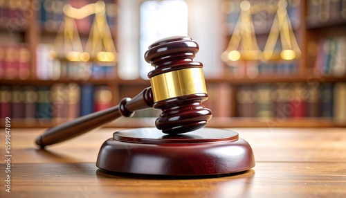 Judge's gavel on wooden table in a law library