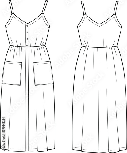 Front and back view of summer midi dress with straps, button placket and pockets, flat fashion cad vector illustration