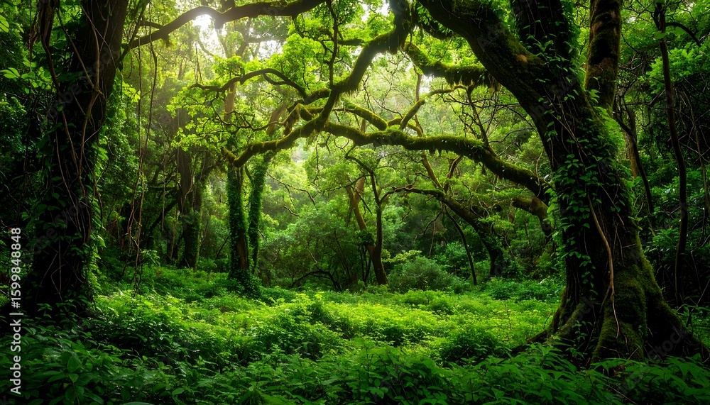 Naklejka premium Lush, sunlit rainforest canopy