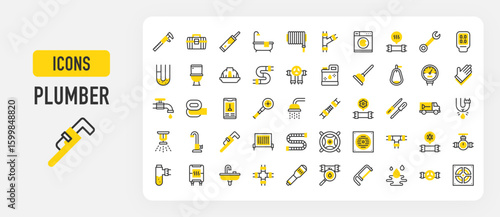 Plumber icons. such as Hose, Sink, Leak, Drain, Toilet, Washing Machine, Maintenance, Shower, Bathtub, Pipe, Frozen, Sprinkler, Water Heater, Cleaner, Meter, Clog vector stroke illustration.	
