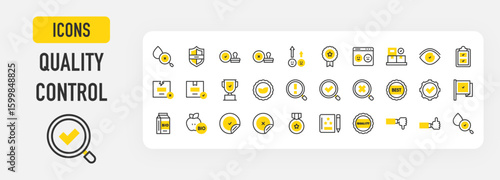 Quality control icons. Shield, Medal, Exclamation Mark, Checked, Rating, Badge, Box, Water Drop, Search, Bio, Checked, Eye, Quality, Search, Apple vector stroke illustration.	
