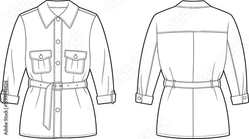 Flat vector cad drawing of buttoned shirt jacket with front patch flap pockets, belt waist, turn-up sleeves, back seam design