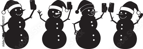 Four snowmen taking selfies silhouette