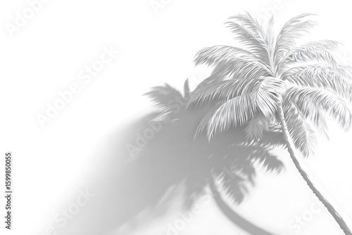 White palm tree with a soft shadow on a clean white background. Minimalist tropical concept for summer vacation designs. 3D render illustration with copy space.