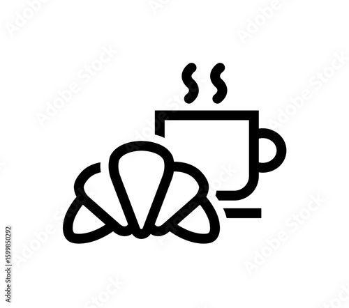 Simple black line art illustration of a croissant and coffee cup, suggesting a morning breakfast.