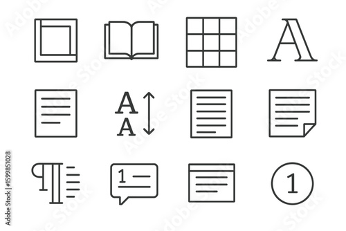 Set of basic text and document icons on a grey background