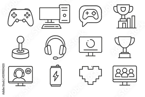 Video game icons: console, pc, trophies, headset, joystick, battery, multiplayer