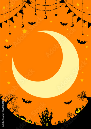 ハロウィン背景、縦、オレンジ、かわいい、三日月