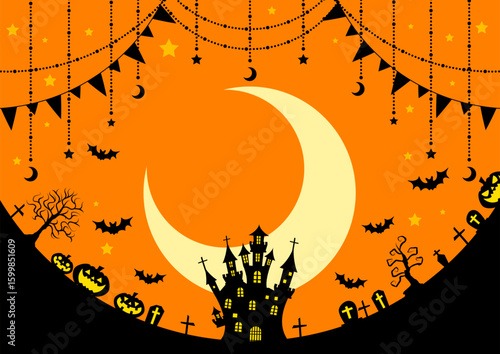 ハロウィン背景、横、オレンジ、かわいい、三日月