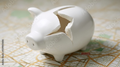 Real estate foreclosure crisis A broken piggy bank on a map background symbolizes financial loss.