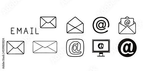 Hand Drawn Email and At Symbol Icons Set on Transparent Background set hand drawn email