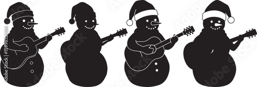 Four snowmen playing guitars silhouette