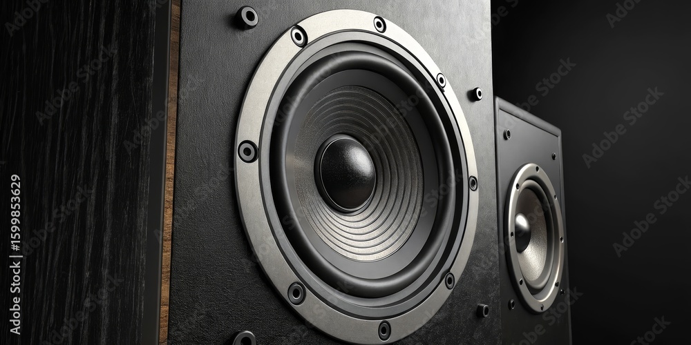 Close-up of Black Wooden Speakers High-Fidelity Audio System, Speaker Cone Detail audiophile, bookshelf speakers Close-up of Black Wooden Speakers High-Fidelity Audio System, Speaker Cone Detail audiophile, bookshelf speakers