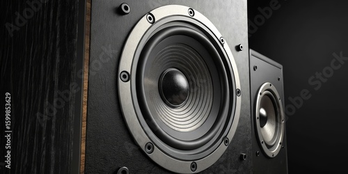 Close-up of Black Wooden Speakers High-Fidelity Audio System, Speaker Cone Detail audiophile, bookshelf speakers