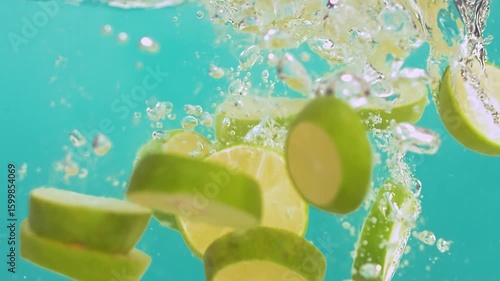 Slow motion of lemon slices dropping into clear water with a bright blue background. 