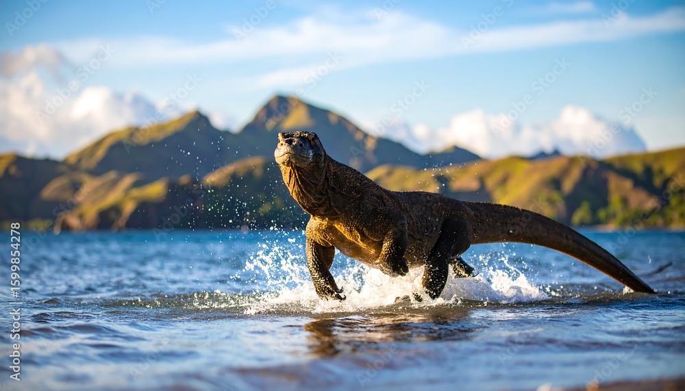 Fototapeta premium Komodo dragon leaping in water