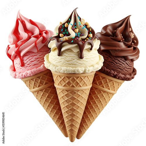 Three delicious ice cream cones with toppings isolated on transparent background
