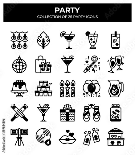 Collection of 25 Party Icons. Festive Supplies. Drinks & More