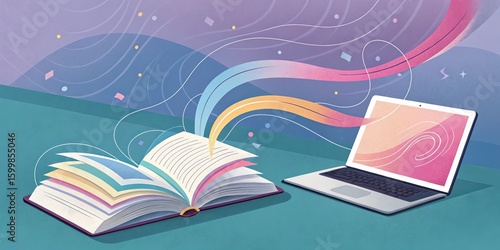 Digital Transformation of Reading Colorful Book and Laptop Illustration, ebook, digital literacy