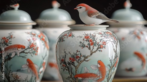 Bird on Porcelain Jars with Koi Fish and Blossom Design