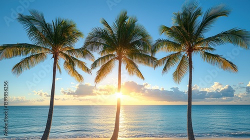 Serene Tropical Sunrise: Three Palm Trees Silhouetted Against a Golden Dawn Over a Tranquil Ocean