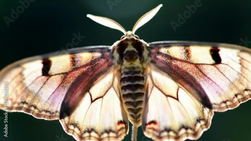 A beautiful moth with intricate patterns on its translucent wings, backlit by light against a dark background.