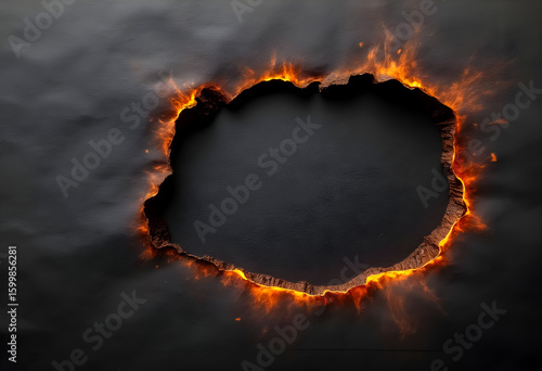 Fire burns through black paper, creating dramatic hole with glowing edges and intricate texture that captures attention in ambient light