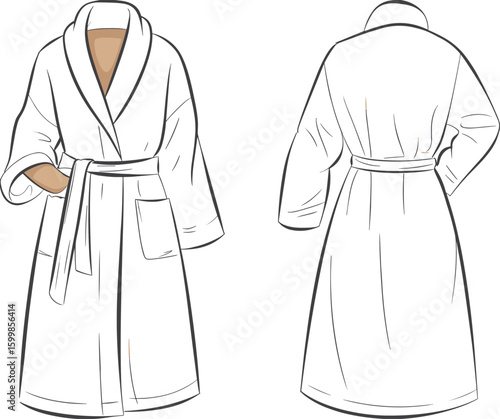Bathrobe front and back view flat vector sketch, fashion technical drawing, belted robe, shawl collar, pocket details, loungewear design
