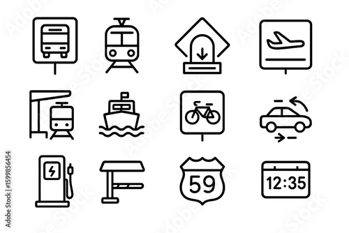 Transportation icons featuring bus, train, bike, car, ferry, airplane symbols