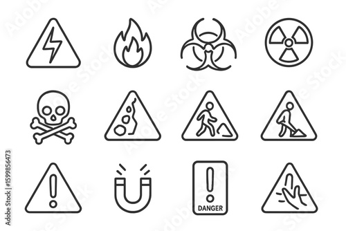 Icons of hazard warnings: danger, caution, risk, safety symbols illustrated