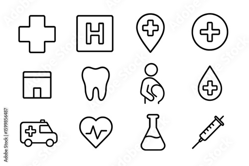 Medical icons: health, hospital, emergency, maternity, dental, injection