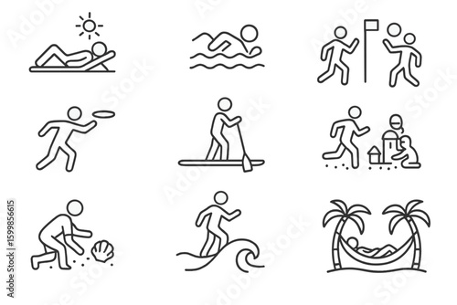 Illustrated simple line icons of beach and sport activities