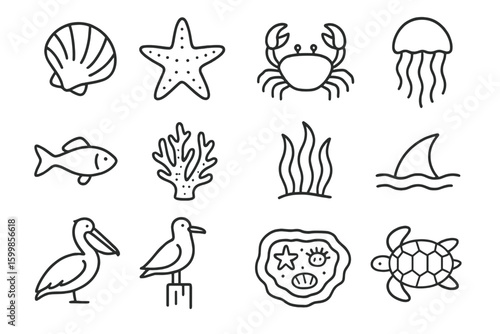 Black and white sea creatures icons featuring turtle and jellyfish