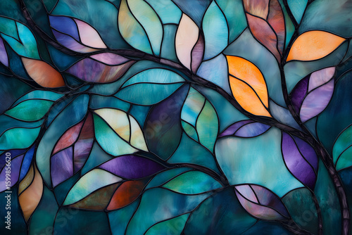 A stained glass painting of intertwined, colorful leaves with vibrant colors.