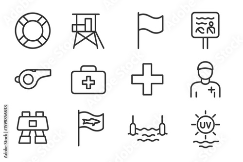 Lifeguard tools and symbols: whistle, first aid, flags, equipment, safety icons