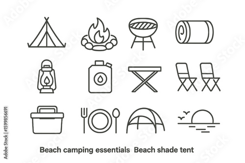 Beach camping icons: tent, fire, grill, lantern, cooler, sunrise