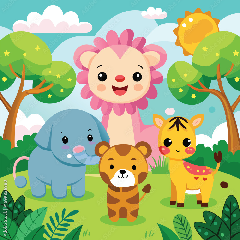 Fototapeta premium Cute cartoon baby animals vector set in the jungle with elephant, lion, dog, cat, and giraffe characters