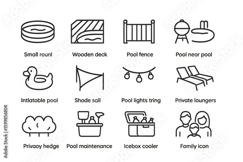 Backyard pool essentials: inflatable, deck, fence, lights, loungers, cooler