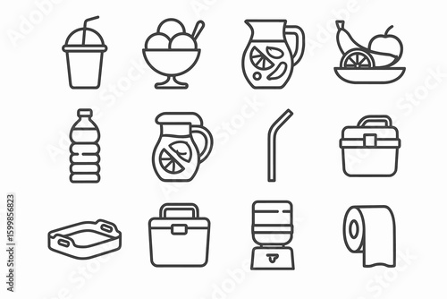 Black and white icon set of drinks, food, and kitchen items