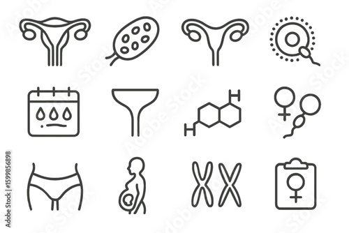 Reproductive health icons: anatomy, fertility, pregnancy, hormones, genetics