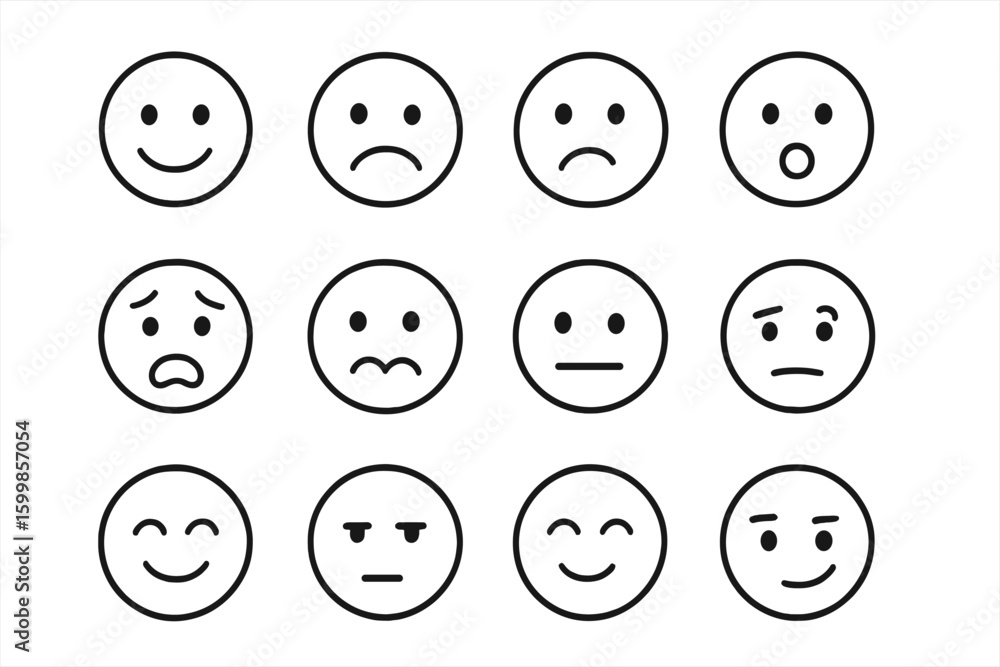 Set of 12 emoticons displaying various facial expressions on gray background