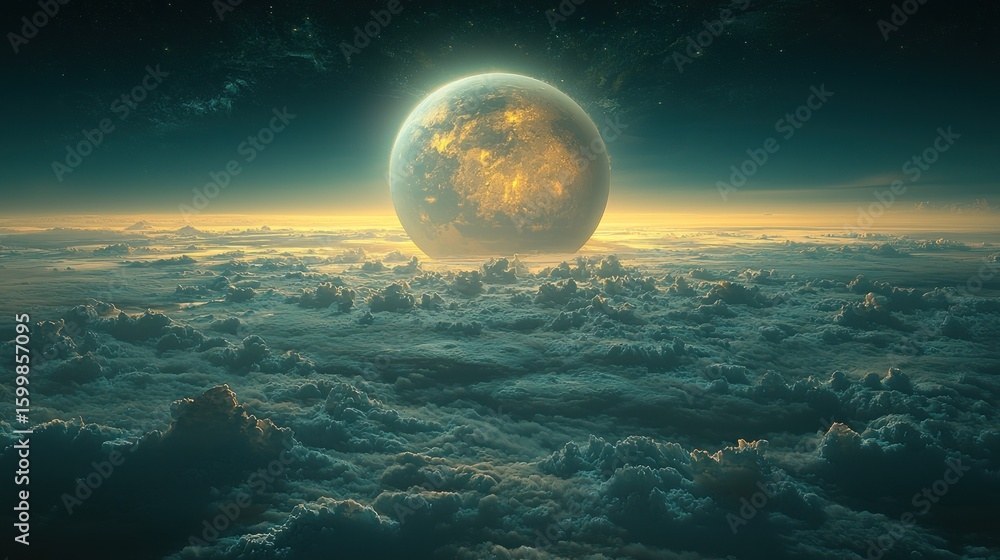 Fototapeta premium Celestial Sphere above a Sea of Clouds: A breathtaking digital artwork depicting a massive, luminous planet looming over a boundless expanse of clouds, creating a surreal and awe-inspiring scene.