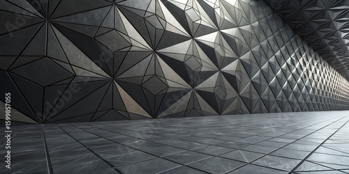 Geometric Metal Wall, 3D Render, Abstract Interior Design, Dark Grey Tiles, Perspective View 3D rendering, abstract background