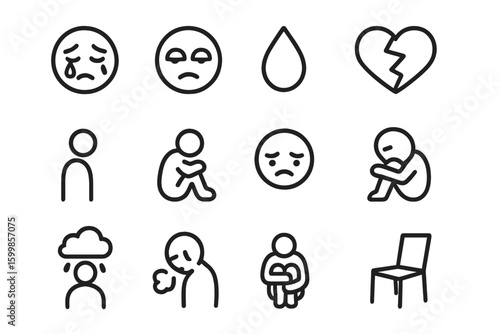 Sadness and depression icons on grayscale background for emotional awareness
