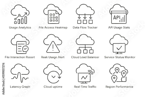 Cloud service analytics icons for usage, flow, and performance monitoring