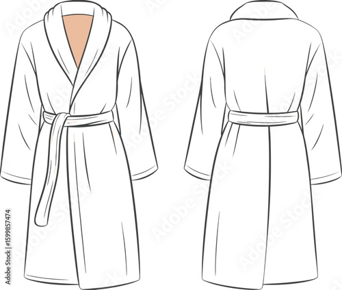 Bathrobe front and back flat sketch with belt, loose sleeves and shawl collar, clothing CAD drawing fashion vector illustration
