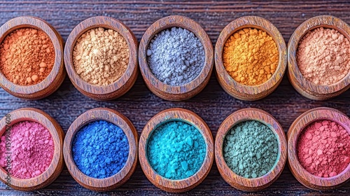 Vibrant Hues: A Collection of Colorful Pigments in Wooden Bowls